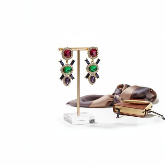 None Jewelry - Multi-Color Jeweled Gem Statement Dangle Earrings – Gold Tone Rhinestone Drops